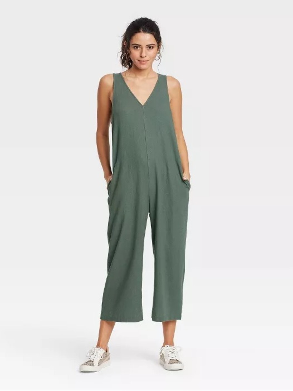Sleeveless V-Neck Linen Wide Leg Jumpsuit  in Terracotta
